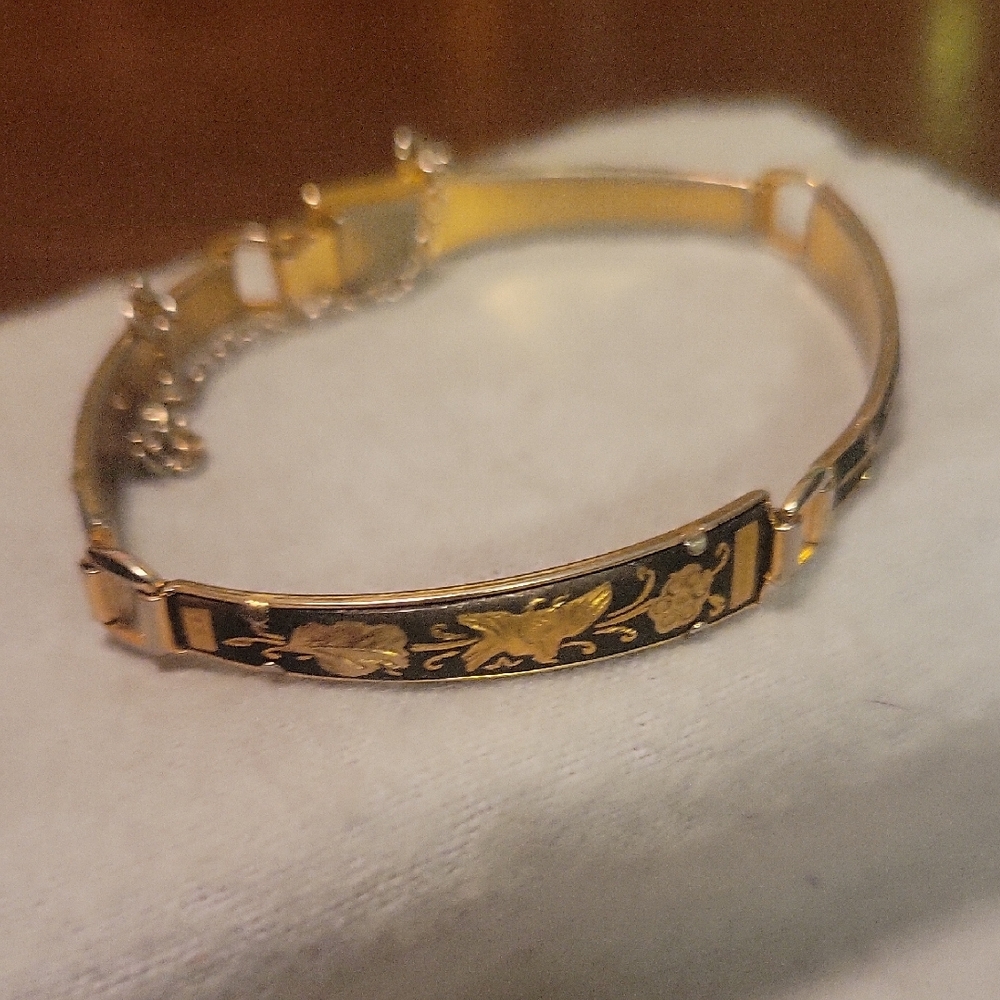 Vintage Spanish Damascene Gold and Black Bracelet Handpainted Gold Inlay
